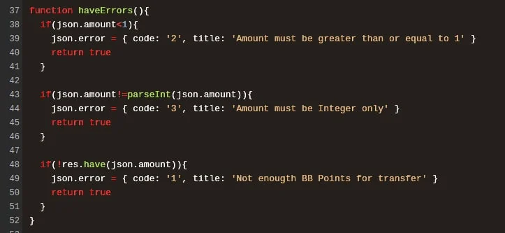 Original validation code: require an amount of at least one, a whole number, and sufficient BB Points for a transfer.
