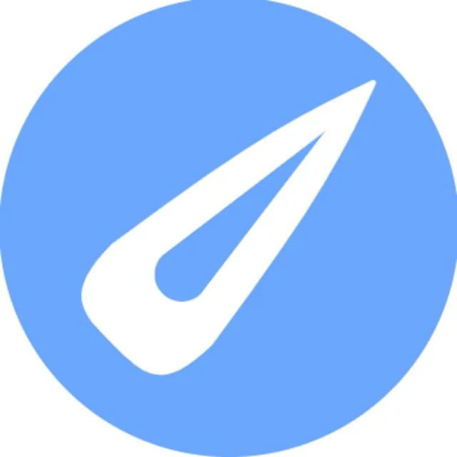 The BB channel avatar introduced in May 2026: a white tapered mark with a droplet-shaped cutout inside a blue circle.