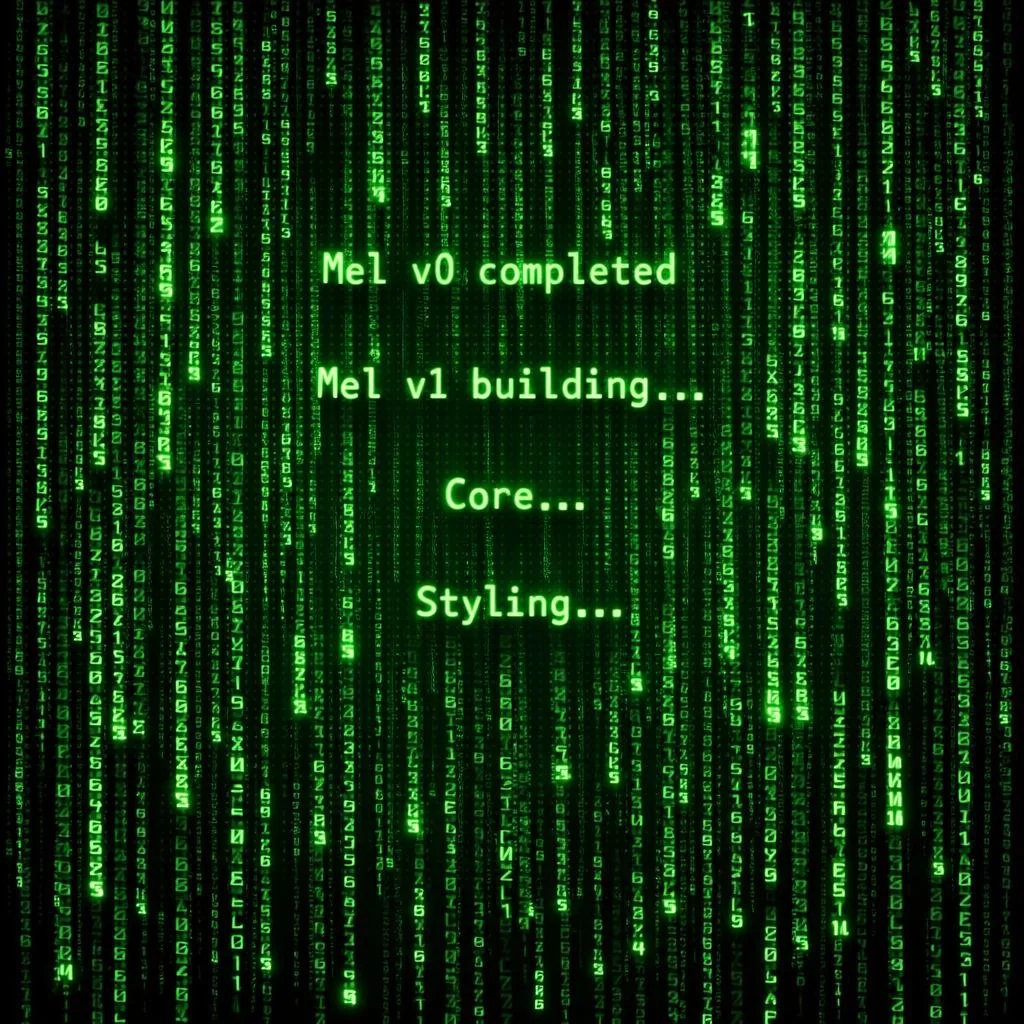 Falling green code behind the teaser text: Mel v0 completed, Mel v1 building, Core and Styling.