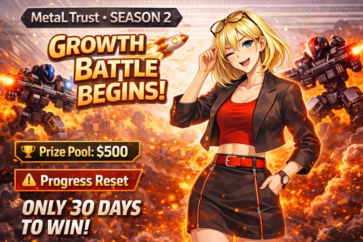 Original Growth Battle announcement with Mel, two robots, a $500 prize pool and a notice that season progress resets.