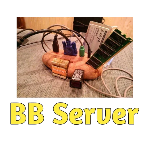 Original BB Server sticker: a potato-like object fitted with a memory board, cables and computer connectors, above yellow BB Server lettering.